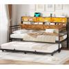 imageVIAGDO Daybed Twin with Pop Up Trundle Farmhouse Wooden Day Bed Frame with 3 Storage Drawers and Shelves Twin to King Daybed with Charging Station and LED Lights for Bedroom Rustic BrownRustic Brown