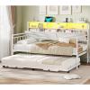 imageVIAGDO Daybed Twin with Pop Up Trundle Farmhouse Wooden Day Bed Frame with 3 Storage Drawers and Shelves Twin to King Daybed with Charging Station and LED Lights for Bedroom Rustic BrownWhite