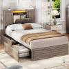 imageVIAGDO Farmhouse Queen Bed Frame with Headboard and Double Barn Door Storage Cabinets Rustic Wooden Bed Frame Queen Size with Charging Station 4 Drawers and LED Lights No Box Spring Needed GreyGrey