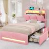 imageVIAGDO Full Size Bed Frame with Storage Headboard and Charging Station Velvet Upholstered Bed Frame Full Size with 4 Drawers and LED Lights Type C and USB No Box Spring Needed PinkPink