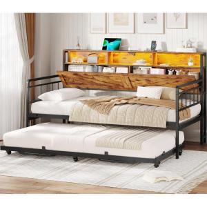 imageVIAGDO Daybed Twin with Pop Up Trundle Farmhouse Wooden Day Bed Frame with 3 Storage Drawers and Shelves Twin to King Daybed with Charging Station and LED Lights for Bedroom Rustic BrownRustic Brown