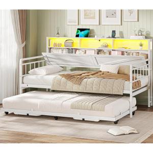 imageVIAGDO Daybed Twin with Pop Up Trundle Farmhouse Wooden Day Bed Frame with 3 Storage Drawers and Shelves Twin to King Daybed with Charging Station and LED Lights for Bedroom Rustic BrownWhite
