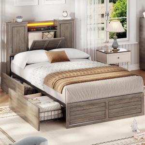 imageVIAGDO Farmhouse Queen Bed Frame with Headboard and Double Barn Door Storage Cabinets Rustic Wooden Bed Frame Queen Size with Charging Station 4 Drawers and LED Lights No Box Spring Needed GreyGrey