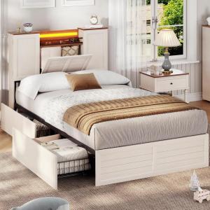 imageVIAGDO Farmhouse Queen Bed Frame with Headboard and Double Barn Door Storage Cabinets Rustic Wooden Bed Frame Queen Size with Charging Station 4 Drawers and LED Lights No Box Spring Needed GreyWhite