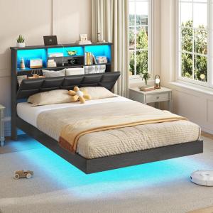 imageVIAGDO Floating Bed Frame Queen Size with Headboard and Storage Upholstered Queen Platform Bed Frame with USB ampamp Type C Charging Station and LED Lights Hidden Storage No Box Spring Needed BlackBlack