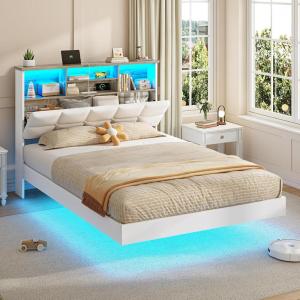 imageVIAGDO Floating Bed Frame Queen Size with Headboard and Storage Upholstered Queen Platform Bed Frame with USB ampamp Type C Charging Station and LED Lights Hidden Storage No Box Spring Needed BlackWhite