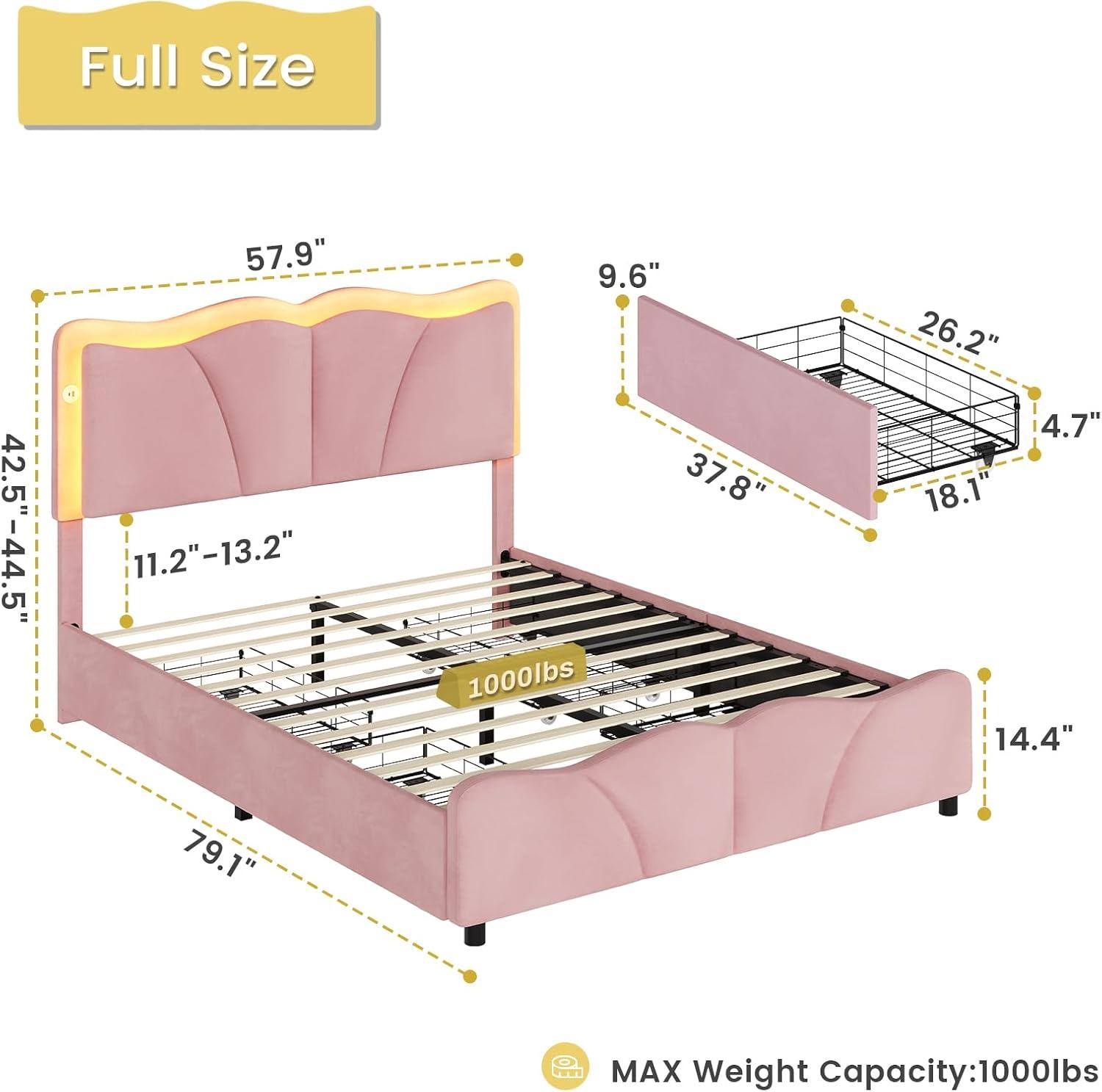 imageVIAGDO Full Size Bed Frame with 4 Storage Drawers and LED LightsVelvet Upholstered Bed Frame with Height Adjustable Headboard and Type C ampamp USB No Box Spring Needed Pink