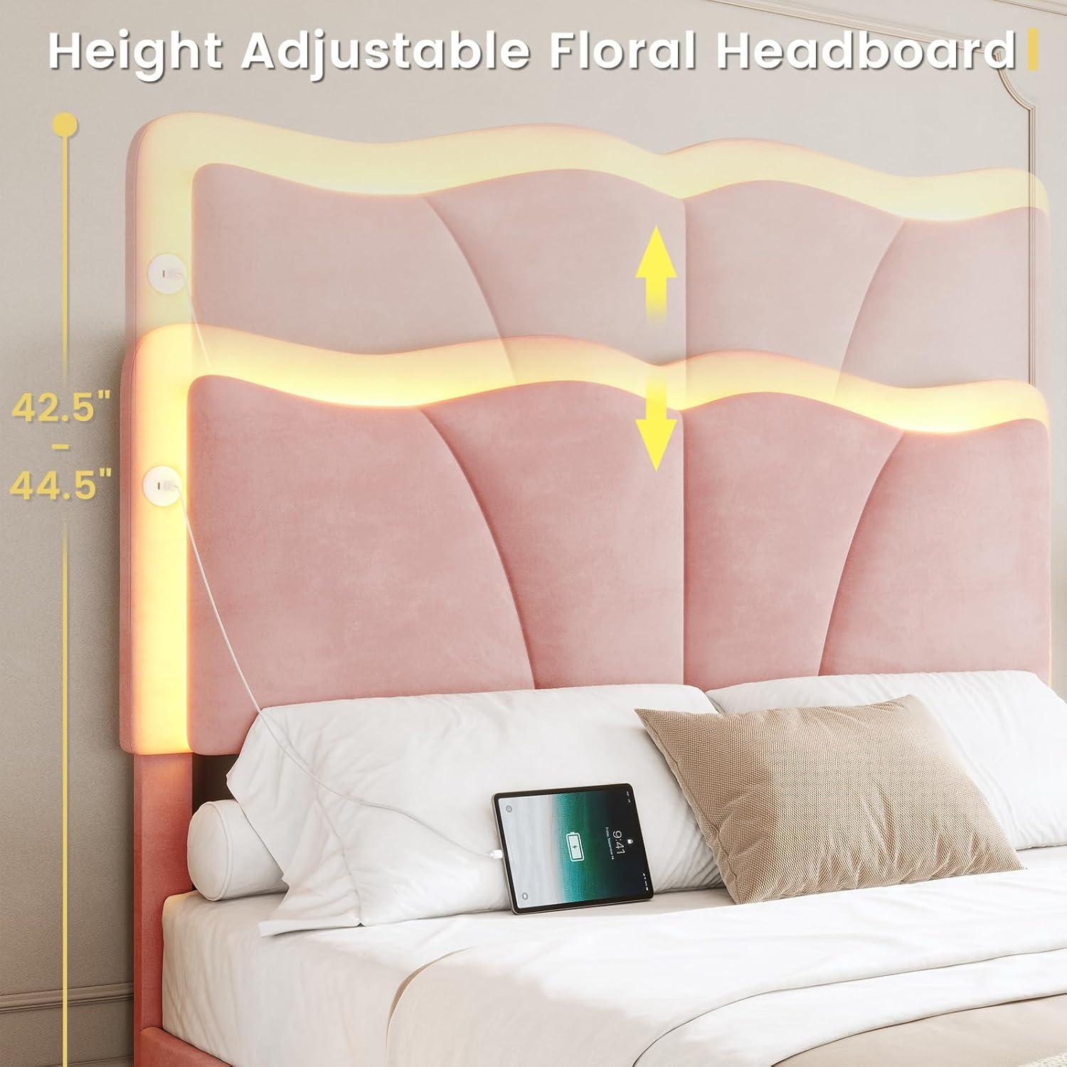 imageVIAGDO Full Size Bed Frame with 4 Storage Drawers and LED LightsVelvet Upholstered Bed Frame with Height Adjustable Headboard and Type C ampamp USB No Box Spring Needed Pink