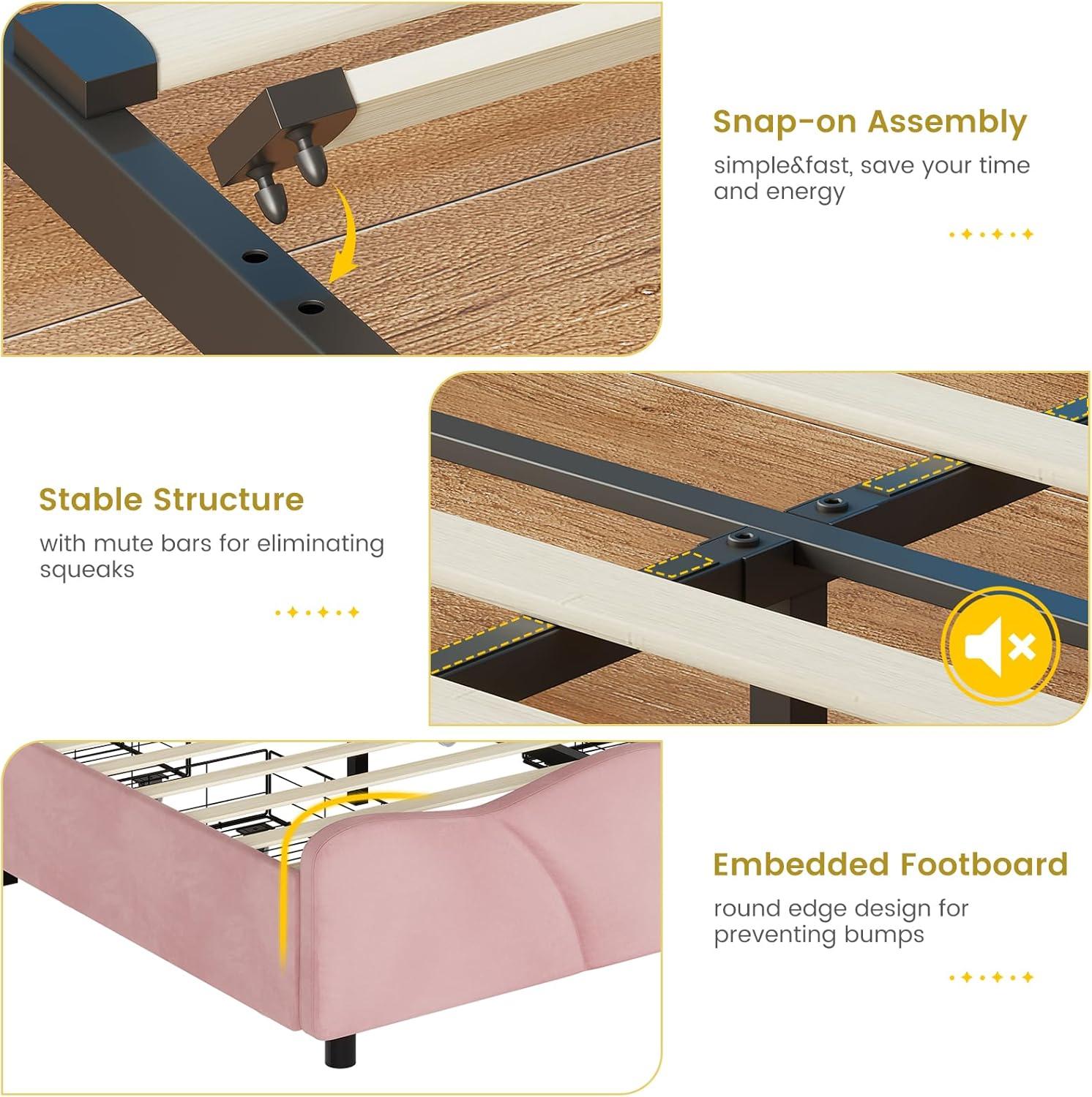 imageVIAGDO Full Size Bed Frame with 4 Storage Drawers and LED LightsVelvet Upholstered Bed Frame with Height Adjustable Headboard and Type C ampamp USB No Box Spring Needed Pink