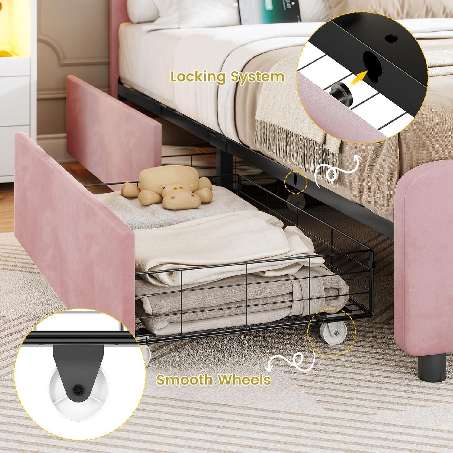 imageVIAGDO Full Size Bed Frame with 4 Storage Drawers and LED LightsVelvet Upholstered Bed Frame with Height Adjustable Headboard and Type C ampamp USB No Box Spring Needed Pink