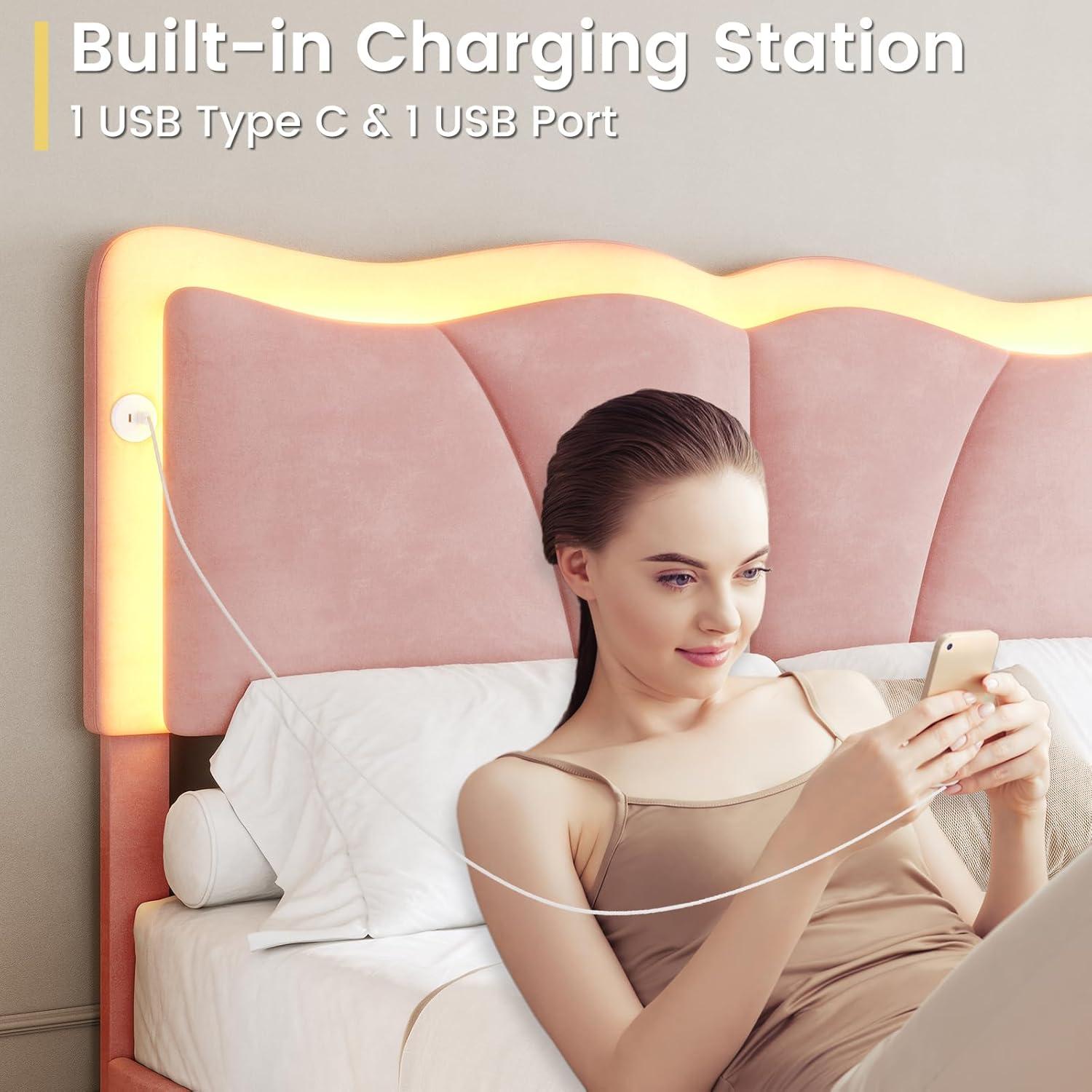 imageVIAGDO Full Size Bed Frame with 4 Storage Drawers and LED LightsVelvet Upholstered Bed Frame with Height Adjustable Headboard and Type C ampamp USB No Box Spring Needed Pink