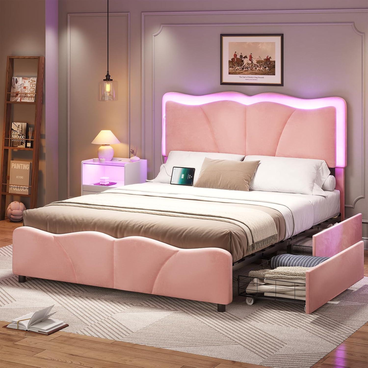 imageVIAGDO Full Size Bed Frame with 4 Storage Drawers and LED LightsVelvet Upholstered Bed Frame with Height Adjustable Headboard and Type C ampamp USB No Box Spring Needed Pink