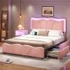 imageVIAGDO Full Size Bed Frame with 4 Storage Drawers and LED LightsVelvet Upholstered Bed Frame with Height Adjustable Headboard and Type C ampamp USB No Box Spring Needed Pink