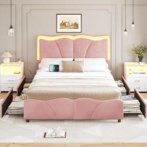 imageVIAGDO Full Size Bed Frame with 4 Storage Drawers and LED LightsVelvet Upholstered Bed Frame with Height Adjustable Headboard and Type C ampamp USB No Box Spring Needed Pink