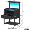imageVIAGDO Nightstand with Charging Station and LED Lights Night Stand with Drawer and Open Storage Shelves End Side Table with USB Ports and Outlets Bedside Tables for Bedroom BlackBlack