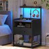 imageVIAGDO Nightstand with Charging Station and LED Lights Night Stand with Drawer and Open Storage Shelves End Side Table with USB Ports and Outlets Bedside Tables for Bedroom BlackBlack