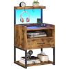 imageVIAGDO Nightstand with Charging Station and LED Lights Night Stand with Drawer and Open Storage Shelves End Side Table with USB Ports and Outlets Bedside Tables for Bedroom BlackRustic Brown