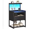 imageVIAGDO Nightstand with Charging Station and LED Lights Night Stand with Drawer and Open Storage Shelves End Side Table with USB Ports and Outlets Bedside Tables for Bedroom BlackBlack