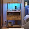 imageVIAGDO Nightstand with Charging Station and LED Lights Night Stand with Drawer and Open Storage Shelves End Side Table with USB Ports and Outlets Bedside Tables for Bedroom BlackRustic Brown
