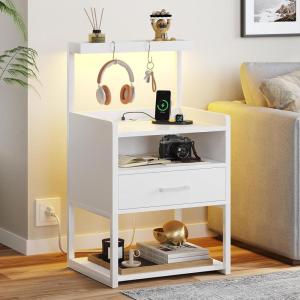 imageVIAGDO Nightstand with Charging Station and LED Lights Night Stand with Drawer and Open Storage Shelves End Side Table with USB Ports and Outlets Bedside Tables for Bedroom BlackWhite