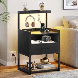 imageVIAGDO Nightstand with Charging Station and LED Lights Night Stand with Drawer and Open Storage Shelves End Side Table with USB Ports and Outlets Bedside Tables for Bedroom BlackBlack