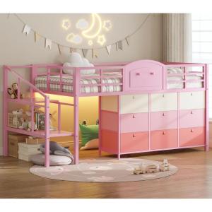 imageVIAGDO Low Loft Bed Twin Size with 9 Storage Drawers and LED Lights Metal Twin Loft Bed with Stairway Shelf Storage Low Loft Bed with Safety Guardrail and UnderBed Hideaway for Kids PinkPink