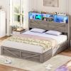 image:imageVIAGDO Bed Frame Queen Size with Bookcase Storage Headboard Charging Station and LED Lights Wooden Queen Bed Frame with 4 Drawers Barn Door Design No Box Spring Needed No Noise Natural RattanGrey