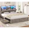 image:imageVIAGDO Bed Frame Queen Size with Bookcase Storage Headboard Charging Station and LED Lights Wooden Queen Bed Frame with 4 Drawers Barn Door Design No Box Spring Needed No Noise Natural RattanGrey