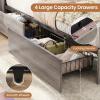 image:imageVIAGDO Bed Frame Queen Size with Bookcase Storage Headboard Charging Station and LED Lights Wooden Queen Bed Frame with 4 Drawers Barn Door Design No Box Spring Needed No Noise Natural RattanGrey