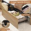 image:imageVIAGDO Bed Frame Queen Size with Bookcase Storage Headboard Charging Station and LED Lights Wooden Queen Bed Frame with 4 Drawers Barn Door Design No Box Spring Needed No Noise Natural RattanRattan
