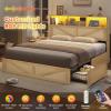 image:imageVIAGDO Bed Frame Queen Size with Bookcase Storage Headboard Charging Station and LED Lights Wooden Queen Bed Frame with 4 Drawers Barn Door Design No Box Spring Needed No Noise Natural RattanRattan