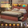 image:imageVIAGDO Bed Frame Queen Size with Bookcase Storage Headboard Charging Station and LED Lights Wooden Queen Bed Frame with 4 Drawers Barn Door Design No Box Spring Needed No Noise Natural RattanReddish Brown