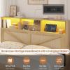 image:imageVIAGDO Bed Frame Queen Size with Bookcase Storage Headboard Charging Station and LED Lights Wooden Queen Bed Frame with 4 Drawers Barn Door Design No Box Spring Needed No Noise Natural RattanRattan