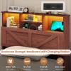 image:imageVIAGDO Bed Frame Queen Size with Bookcase Storage Headboard Charging Station and LED Lights Wooden Queen Bed Frame with 4 Drawers Barn Door Design No Box Spring Needed No Noise Natural RattanReddish Brown