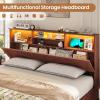 image:imageVIAGDO Bed Frame Queen Size with Bookcase Storage Headboard Charging Station and LED Lights Wooden Queen Bed Frame with 4 Drawers Barn Door Design No Box Spring Needed No Noise Natural RattanReddish Brown