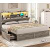 image:imageVIAGDO Bed Frame Queen Size with Bookcase Storage Headboard Charging Station and LED Lights Wooden Queen Bed Frame with 4 Drawers Barn Door Design No Box Spring Needed No Noise Natural RattanGrey