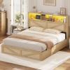 image:imageVIAGDO Bed Frame Queen Size with Bookcase Storage Headboard Charging Station and LED Lights Wooden Queen Bed Frame with 4 Drawers Barn Door Design No Box Spring Needed No Noise Natural RattanRattan