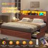 image:imageVIAGDO Bed Frame Queen Size with Bookcase Storage Headboard Charging Station and LED Lights Wooden Queen Bed Frame with 4 Drawers Barn Door Design No Box Spring Needed No Noise Natural RattanReddish Brown