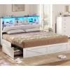 image:imageVIAGDO Bed Frame Queen Size with Bookcase Storage Headboard Charging Station and LED Lights Wooden Queen Bed Frame with 4 Drawers Barn Door Design No Box Spring Needed No Noise Natural RattanWhite