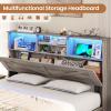 image:imageVIAGDO Bed Frame Queen Size with Bookcase Storage Headboard Charging Station and LED Lights Wooden Queen Bed Frame with 4 Drawers Barn Door Design No Box Spring Needed No Noise Natural RattanGrey