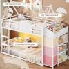 image:imageVIAGDO Bunk Bed Twin Over Twin with 3 Storage Drawers and Shelves House Shaped Bunk Bed with Stairs and Guardrail Metal Twin Floor Bed with LED Lights for Kids Teens Boys Girls Dorm Bedroom GreyWhite