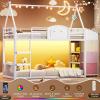 image:imageVIAGDO Bunk Bed Twin Over Twin with 3 Storage Drawers and Shelves House Shaped Bunk Bed with Stairs and Guardrail Metal Twin Floor Bed with LED Lights for Kids Teens Boys Girls Dorm Bedroom GreyWhite