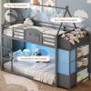 image:imageVIAGDO Bunk Bed Twin Over Twin with 3 Storage Drawers and Shelves House Shaped Bunk Bed with Stairs and Guardrail Metal Twin Floor Bed with LED Lights for Kids Teens Boys Girls Dorm Bedroom GreyGrey