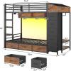image:imageVIAGDO Bunk Bed Twin Over Twin with 8 Storage Drawers and Power Outlets LED Twin Bunk Beds with Hall Tree and Shelves Metal Bunk Beds with Safety Guardrail amp Ladder for Dorms Kids WhiteBlack