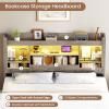 image:imageVIAGDO Farmhouse Full Size Bed Frame with FlipDown Bookcase Storage Headboard and 4 Drawers Rustic Wood Platform Bed Frame Full Size with Charging Station and LED Lights No Box Spring Needed WhiteGrey