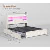 image:imageVIAGDO Farmhouse Full Size Bed Frame with FlipDown Bookcase Storage Headboard and 4 Drawers Rustic Wood Platform Bed Frame Full Size with Charging Station and LED Lights No Box Spring Needed WhiteWhite