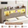 image:imageVIAGDO Farmhouse Full Size Bed Frame with FlipDown Bookcase Storage Headboard and 4 Drawers Rustic Wood Platform Bed Frame Full Size with Charging Station and LED Lights No Box Spring Needed WhiteGrey
