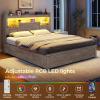 image:imageVIAGDO Farmhouse Full Size Bed Frame with FlipDown Bookcase Storage Headboard and 4 Drawers Rustic Wood Platform Bed Frame Full Size with Charging Station and LED Lights No Box Spring Needed WhiteGrey