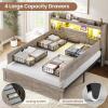 image:imageVIAGDO Farmhouse Full Size Bed Frame with FlipDown Bookcase Storage Headboard and 4 Drawers Rustic Wood Platform Bed Frame Full Size with Charging Station and LED Lights No Box Spring Needed WhiteGrey