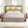 image:imageVIAGDO Farmhouse Full Size Bed Frame with FlipDown Bookcase Storage Headboard and 4 Drawers Rustic Wood Platform Bed Frame Full Size with Charging Station and LED Lights No Box Spring Needed WhiteGrey